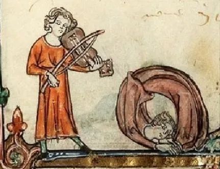 Guy playing violin while other guy rolls into a ball