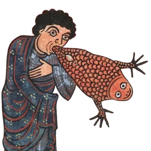 Medieval Painting of a Guy Puking Out a Fish or Frog Thing