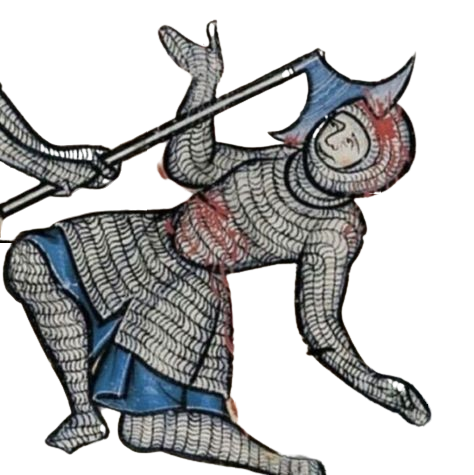 A medieval painting of a knight shrugging as an axe is swung into his head