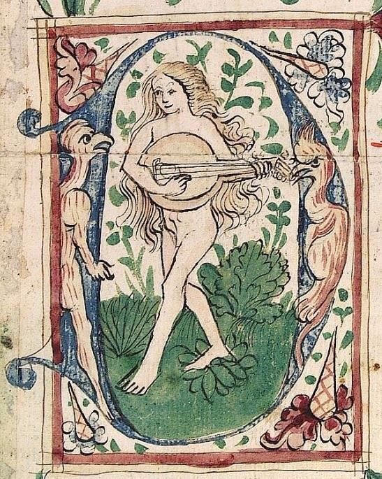 A medieval painting of a naked woman playing a string instrument.