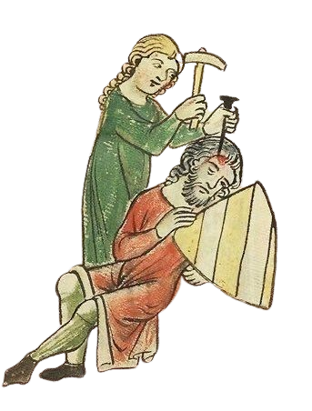 A medieval painting of a woman smiling while hammering a guy's head